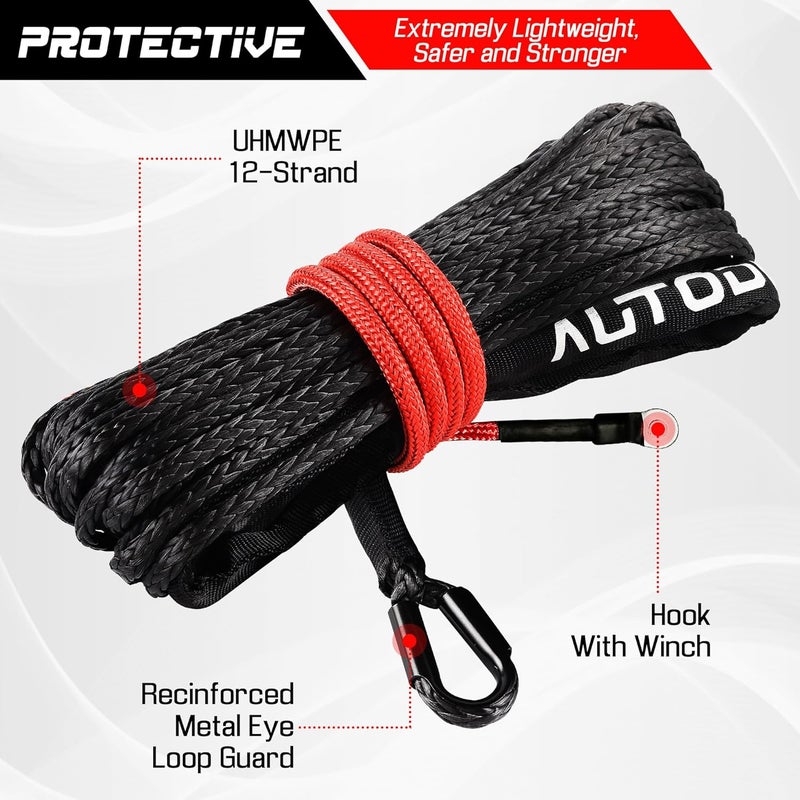AUTODUNK Synthetic Winch Rope - 1/4" x 50ft 10,000LBS Winch Line with 6" Fairlead, Forged Winch Hook and Rubber Stopper, Protective Sleeve Synthetic Winch Cable for 4WD ATV UTV Offroad Vehicles Black - Image 4